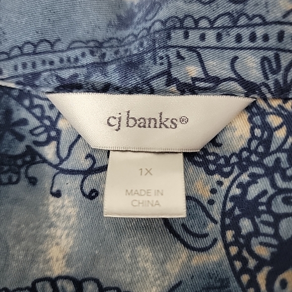 CJ Banks Women's Tan White Blue Balck Button Up Denim Jacket, 1X - Picture 8 of 10